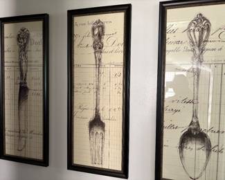 Decorative prints of a spoon, knife and fork, elegant and very French, perfect for a dining room or kitchen