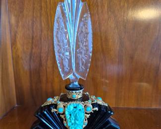 Rare Antique Czech Heinrich Hoffmann Black Glass Perfume Bottle with Jade