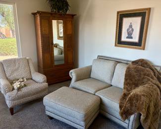Sofas, chairs, and a craftsman style armoire