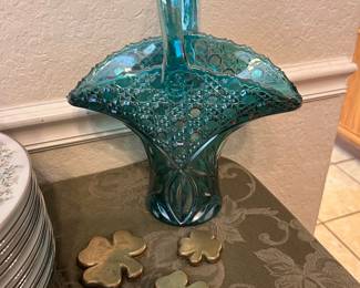 AQUA BLUE IRIDESCENT GLASS BASKET