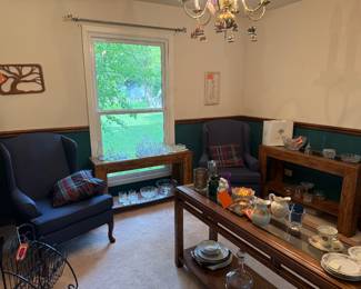 2 blue chairs, crystal glassware, 3 sofa tables 