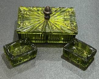 Vintage Tiara Green Pressed Glass Smoking Set