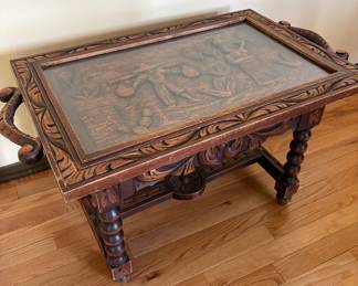 Small wood carved table w/removable tray