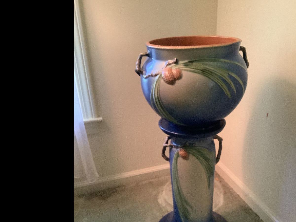 Roseville Blue Pinecone Pottery Bowl with Stand