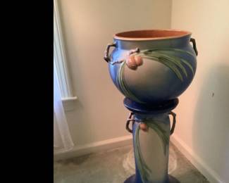 Roseville Blue Pinecone Pottery Bowl with Stand