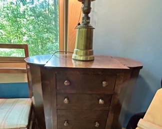 Vintage Drop-Leaf Sewing Cabinet / Work Table • Brass Lamp