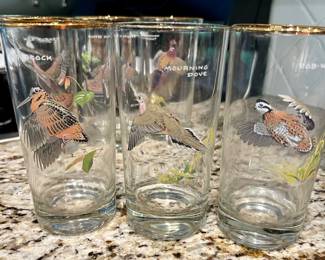 Vintage MCM Ned Smith Duck Glasses Set of 7 22K Gold Rimmed Waterfowl Glasses