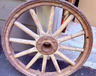 Antique Wooden Wagon Wheel with Original Iron Tire Rim
