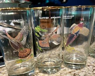 Vintage MCM Ned Smith Duck Glasses Set of 7 22K Gold Rimmed Waterfowl Glasses