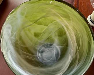 Oval Chartreuse with White Opaque Swirl Art Glass Bowl