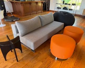 Grey Armles Sofa ~ Pair Orange Ottomans by Turnston