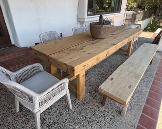 Solid Wood Table - 5 Woven Chairs and Bench