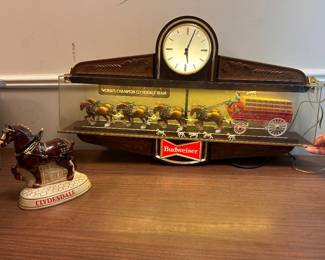 BUDWEISER "WORLD'S CHAMPION CLYDESDALE TEAM" LIGHTED BAR SIGN & CLOCK, 