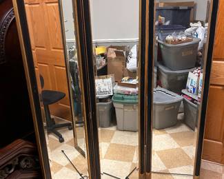 Hollywood Regency style room divider w/ 3 panel mirrors.