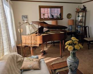 Kimball baby grand piano, coffee table, Jim Thompson silk pillows