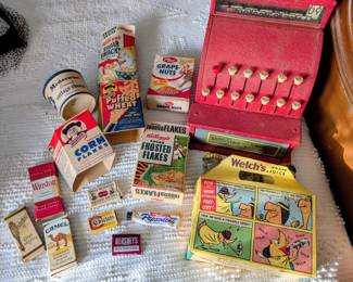 Vintage single serving cereal boxes. Candy cigarette box, toy cash register