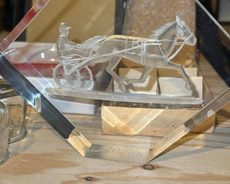 Lot 207: Carriage Sculpture, Fused Tray, Floral Plate, and Crystal Glassware
