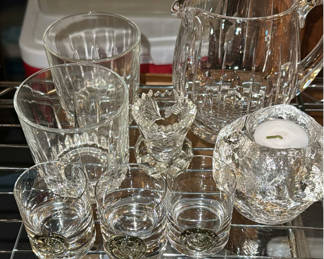 Lot 288: Crystal glassware set including pitcher, tumblers, and shot glasses