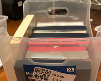 Lot 124: Assorted Greeting Cards, Card Boxes, and Photo Frames in Storage Bin