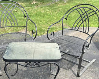 Lot 500: Outdoor metal patio chairs with glass-top table