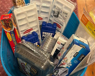Lot 190: Assorted Kitchen Storage Containers, Ice Substitutes, Tumblers, and Table Covers