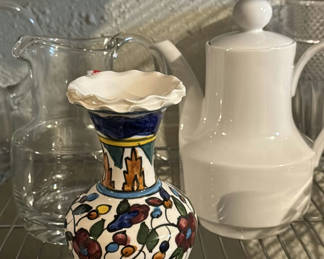 Lot 265: Floral-patterned ceramic vase, white teapot, and glass pitcher