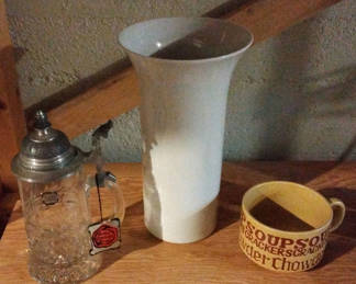 Lot 270: Crystal mug with vintage coffee grinder attachment, glass decanter, and ceramic vase