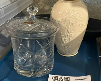 Lot 345: Leaded Crystal jar with lid, Lenox vase, and blue oval dish