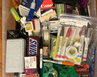 Lot 142: Assorted Office, School and Art Supplies in a plastic tub
