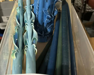 Lot 320: Blue decorative pillar candle with blue and green taper candles