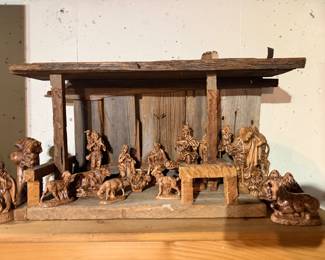 Vintage ceramic nativity and wooden manger 