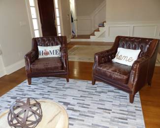 Neutral sofa, Pair of Club Chairs (As Is), Round Coffee table, Area Rug,