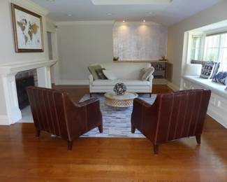 Neutral sofa, Pair of Club Chairs (As Is), Round Coffee table, Area Rug,