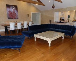 Contemporary Roche Bobois Profile Sectional Sofa & Chaise Designed By Roberto Tapinassi & Maurizio Manzoni, Intricately Carved Coffee Table