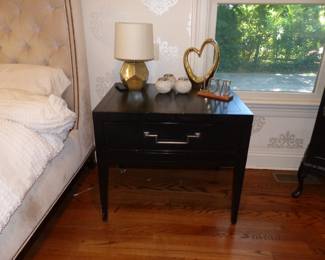 Upholstered Bed, Pair of Thom Filica Home Collection Night Tables, Rolled Arm Bench