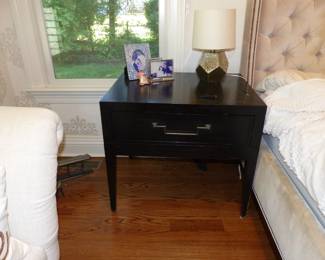 Upholstered Bed, Pair of Thom Filica Home Collection Night Tables, Rolled Arm Bench