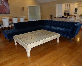 Contemporary Roche Bobois Profile Sectional Sofa & Chaise Designed By Roberto Tapinassi & Maurizio Manzoni, Intricately Carved Coffee Table