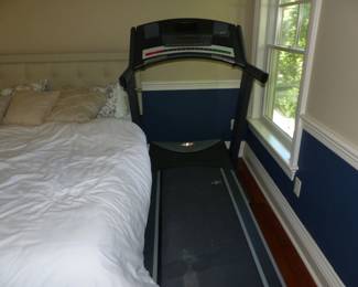 Upholstered Bed, Night Table, Treadmill