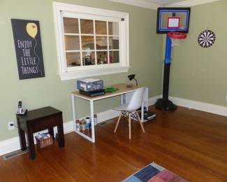 Writing Desk, Chair, Toy Basketball Hoop