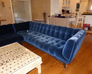 Contemporary Roche Bobois Profile Sectional Sofa & Chaise Designed By Roberto Tapinassi & Maurizio Manzoni, Intricately Carved Coffee Table