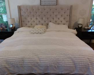 Upholstered Bed, Pair of Thom Filica Home Collection Night Tables