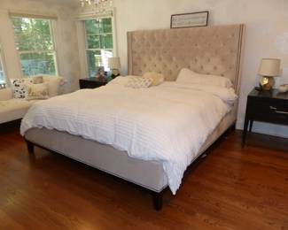 Upholstered Bed, Pair of Thom Filica Home Collection Night Tables, Rolled Arm Bench