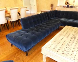 Contemporary Roche Bobois Profile Sectional Sofa & Chaise Designed By Roberto Tapinassi & Maurizio Manzoni, Intricately Carved Coffee Table