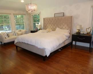 Upholstered Bed, Pair of Thom Filica Home Collection Night Tables, Rolled Arm Bench