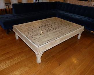 Contemporary Roche Bobois Profile Sectional Sofa & Chaise Designed By Roberto Tapinassi & Maurizio Manzoni, Intricately Carved Coffee Table