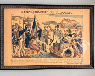 Antique Hand-Painted Woodcut Print "Débarquement de Napoleon," by Francois Georgin. Measures  27" W x 18" D. 