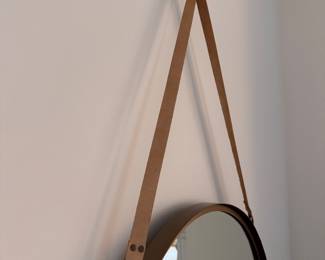 Jamie Young-Style Round Mirror with Leather Hanging Strap. Measures 34" H. Photo 2 of 3. 