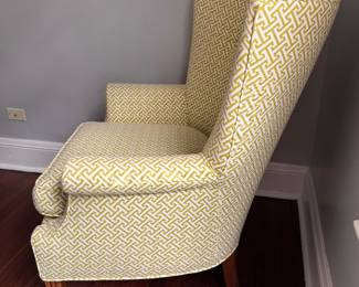 Queen-Anne Style Greek Key Upholstered Wing Back Chair.  Measures 32" W x 34" D. Photo 2 of 3.