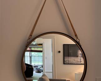 Jamie Young-Style Round Mirror with Leather Hanging Strap. Measures 34" H. Photo 1 of 3. 