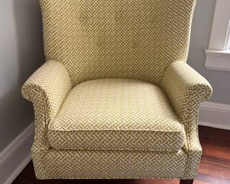 Queen-Anne Style Greek Key Upholstered Wing Back Chair.  Measures 32" W x 34" D. Photo 1 of 3. 